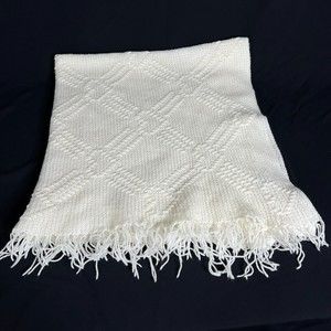 Made with Loving Stitches Crochet White Fringe Heart Baby Blanket Afghan 44 x 52